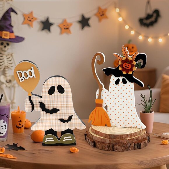 Halloween Decorations Indoor, 2 Pack Cute Wooden Halloween , Witchy Ghost with B - Picture 9 of 9